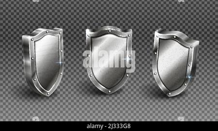Metal shield with rivet frame vector set, medieval knight ammo, silver ...