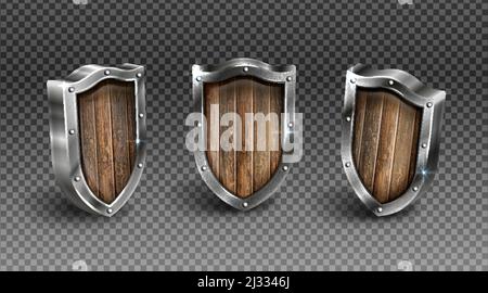 Metal shield with rivet frame vector set, medieval knight ammo, silver ...
