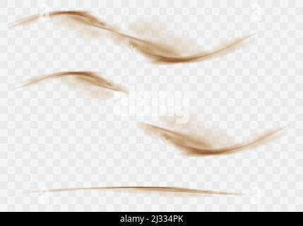 Desert sandstorm set, brown dusty clouds or dry sand flying with gust of wind, explosion collection realistic texture vector illustration isolated on Stock Vector