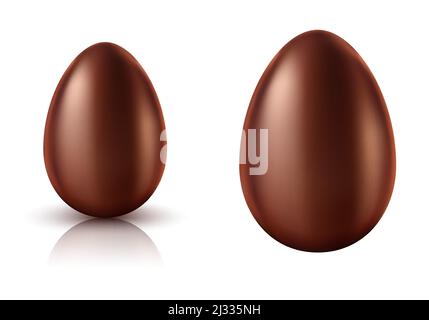 Chocolate egg whole realistic vector illustration. Easter chocolate sweets in eggs shape with reflection and shadow, isolated on white background Stock Vector