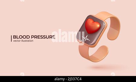 Blood pressure concept. 3D render of pink wireless smart watch with red heart. Arterial pressure measuring or checking apps. Vector realistic illustration in cartoon minimal style. Stock Vector