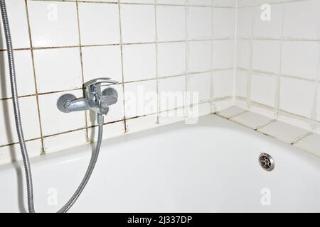 Spring cleaning concept: filthy shower armature in bath tub with black mold growing on calcifications on the tile grouting in an unclean old bathroom. Stock Photo