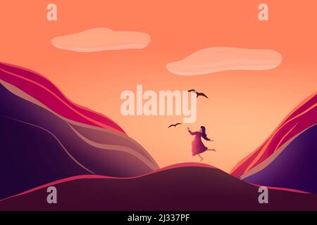 illustration of a girl is wandering in the nature. silhouette of young female in the mountains against the sunset. High quality illustration Stock Photo