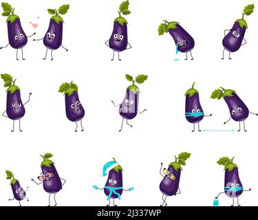 Eggplant character with happy or sad emotions, panic, loving or brave face, hands and legs. Cheerful vegetable, person with mask, glasses or hat. Vector flat illustration  Stock Vector