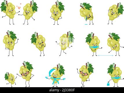 Grape character with happy or sad emotions, panic, loving or brave face, hands and legs. Cheerful fruit, exotic person with mask, glasses or hat. Vector flat illustration  Stock Vector