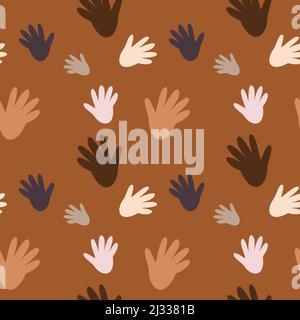 seamless pattern on a brown background. Same hands, different color, different sizes. with colors pink, white, brown and grey Stock Vector