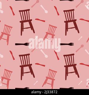 seamless pattern with kitchen tools icons, a kitchen chair, knife, fork and spoon on a light pink background, with colors pink, dark pink, red and lig Stock Vector