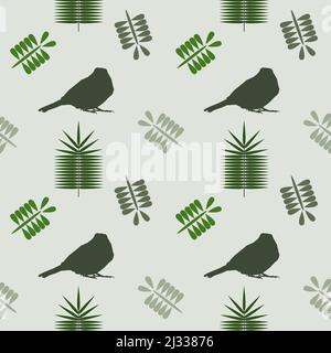 seamless pattern on a light green background. the pattern consists of icons of a sparrow and different leaves. with colors light and dark green Stock Vector