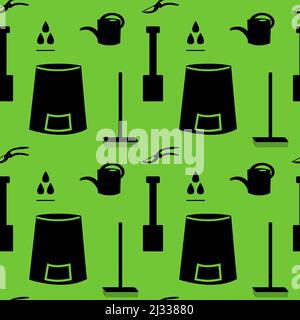 seamless pattern on a green background. The pattern consists of black icons of garden tools: compost bin, broom, secateurs, watering can, raindrops an Stock Vector