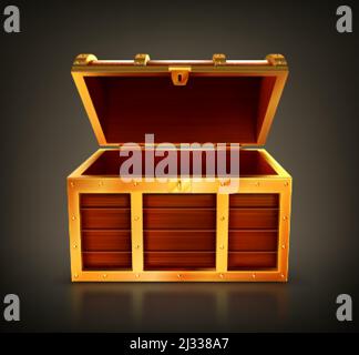 Treasure chest, empty wooden box, open casket with golden details and keyhole. Old trunk for gold or jewelry, pc game item, design element isolated on Stock Vector