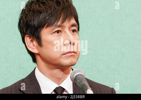 April 5, 2022, Tokyo, Japan: Japanese actor Hidetoshi Nishijima attends a news conference at the Japan National Press Club in Tokyo. Director Ryusuke Hamaguchi's movie 'Drive My Car' won the Best International Feature Film at the 94th U.S. Academy Awards in Los Angeles. (Credit Image: © Rodrigo Reyes Marin/ZUMA Press Wire) Stock Photo