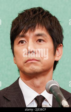 April 5, 2022, Tokyo, Japan: Japanese actor Hidetoshi Nishijima attends a news conference at the Japan National Press Club in Tokyo. Director Ryusuke Hamaguchi's movie 'Drive My Car' won the Best International Feature Film at the 94th U.S. Academy Awards in Los Angeles. (Credit Image: © Rodrigo Reyes Marin/ZUMA Press Wire) Stock Photo