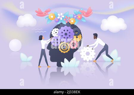 Mental health, brain development, emotions and behavior research. Tiny people and abstract human head with gears in inner space flat vector illustration. Wellness, emotional intelligence concept Stock Vector