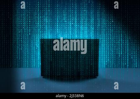 technological digital background. Laptop on table in dark room on digital blue background. Cybersecurity, computer hacker with hoodie. Hacking and mal Stock Photo