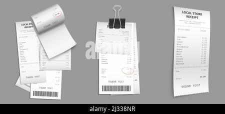 Shop receipts, paper cash checks with barcode. Vector realistic set of purchase bills, pile of printed invoices. Shopping cheques with binder clip iso Stock Vector