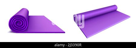 Yoga mat top and side view, purple rolled mattress for fitness exercises, stretching, meditation, sports workout on floor, flat aerobics rug isolated Stock Vector