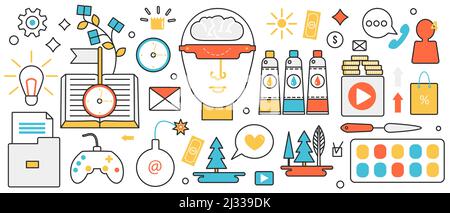 Modern art design technology. Abstract human head with VR glasses, creative innovations and digital tools for artists work and online education in infographic concept banner, thin line art design Stock Vector