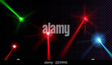 Laser beams set isolated on transparent background. Vector realistic mockup of neon rays with glow effect and lens flares. Red, green and blue lazer l Stock Vector