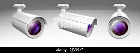 Security cam, cctv video camera, street observe surveillance equipment front and side angle view. Secure guard eye and crime prevention isolated on wh Stock Vector