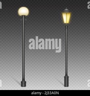 Vintage street lights, retro lampposts on steel poles for urban lighting. City architecture design objects with luminous yellow lamps isolated on tran Stock Vector