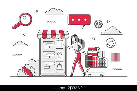 Lady with virtual shopping cart on marketplace. Online goods purchasing on electronic storage shop vector monocolor illustration Stock Vector