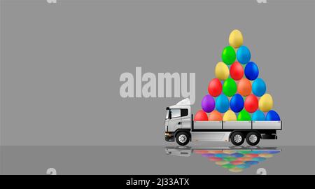 Happy easter. The truck carries a mountain of colored eggs for the holiday. Stock Photo