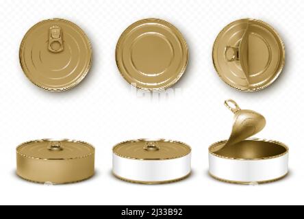 Gold tin cans, fish or pet food mockup with pull ring top and front view. Closed and open empty yellow canned round open key metal jars, isolated alum Stock Vector