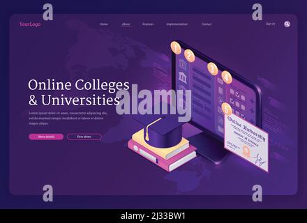 Online colleges and universities banner. Digital service for internet learning, distance study. Vector landing page of academic elearning with isometr Stock Vector