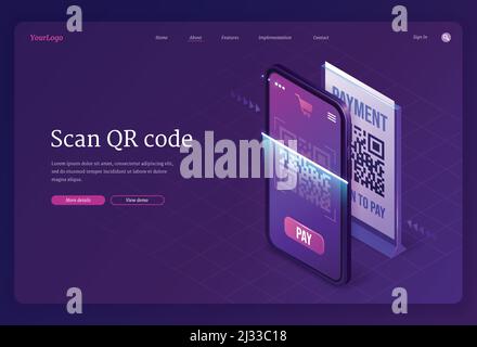 Scan Qr code verification service isometric landing page, machine-readable barcode on smartphone screen. Mobile app for internet business, information Stock Vector