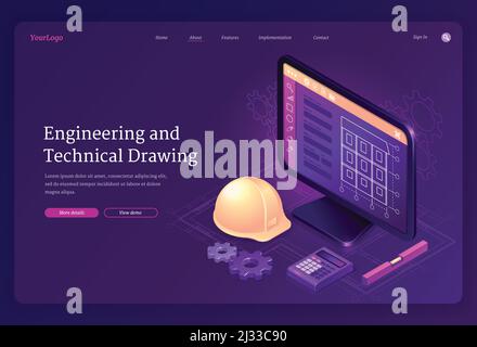 Engineering and technical drawing isometric landing page. Cad modelling construction building project on computer desktop with engineer helmet. Softwa Stock Vector