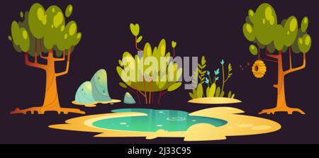 Forest landscape set with trees, pond, stones and beehive hanging on branch. Vector cartoon set of nature scene with lake, green bush and grass, flowe Stock Vector