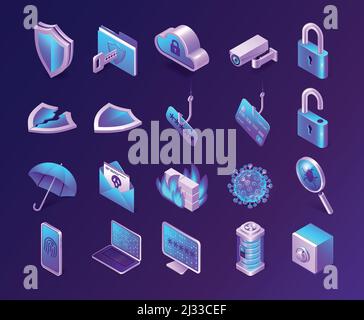 Computer security isometric icons set. Phishing, safe, database server and firewall, spam letter, shield, umbrella and lock, fingerprint or cloud comp Stock Vector