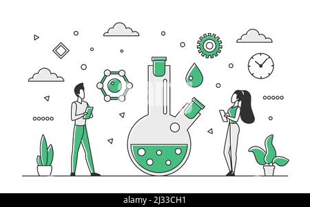 Scientific innovation and science improvement. Laboratory researchers and testing experiments vector monocolor illustration Stock Vector