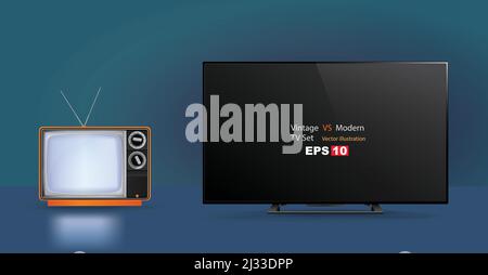 Old TV set vs modern 4k television isolated on blue background, vector illustration Stock Vector