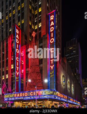 Radio City Music Hall marquee at Christmas time with the Rockettes Stock Photo