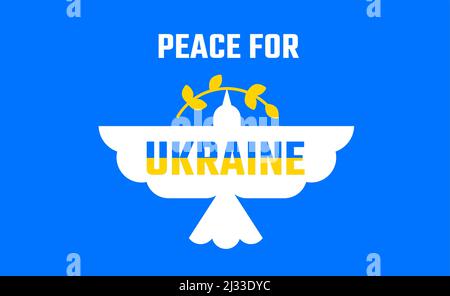 Peace for Ukraine vector illustration - white dove of peace with golden branch and Ukraine text flag on wings Stock Vector