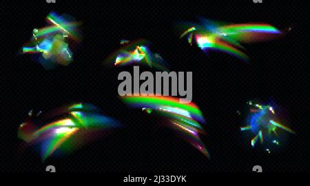 Rainbow crystal light, prism flare reflection, lens refraction, glass, jewelry or gem stone glare, optical physics effect isolated on black background Stock Vector