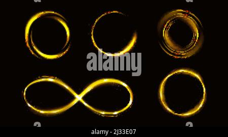 Glow gold infinity symbol and circles with sparkles, golden frames, shiny borders with glitter or fairy dust, glowing rings, isolated fantasy design e Stock Vector