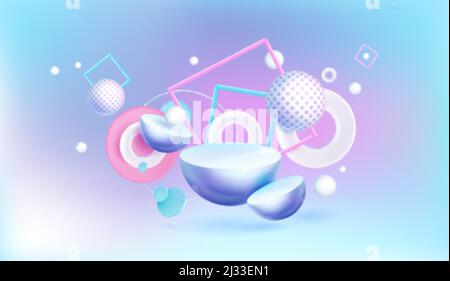 Abstract background with 3d geometric shapes on blue and pink backdrop, spheres with polka dots, hemispheres and white rings or circles with square fr Stock Vector