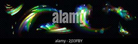 Rainbow crystal light, prism flare reflection, lens refraction, glass, jewelry or gem stone glare, optical physics effect isolated on black and transp Stock Vector