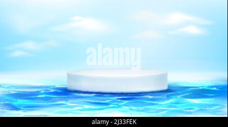 White round podium floating on blue water surface. Vector realistic 3d mockup of circle platform, empty pedestal for display product. Template of empt Stock Vector