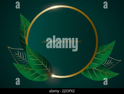 Luxurious abstract leaves with golden circle frame, modern luxurious vector background Stock Vector