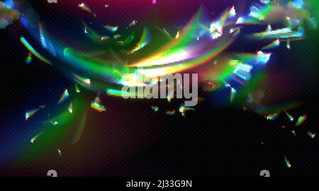 Rainbow crystal light, prism flare reflection, lens refraction, glass, jewelry or gem stone glare, optical physics effect isolated on black and transp Stock Vector