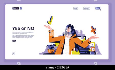 Yes or No banner. Concept of making decision, choice between right and wrong, agree and reject. Vector landing page with flat illustration of woman ke Stock Vector