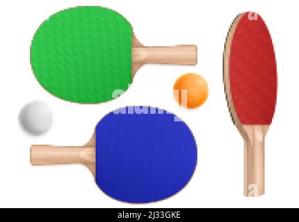 Ping pong rackets and balls, table tennis equipment in top and perspective view. Vector realistic set of 3d pingpong balls and sport paddles with wood Stock Vector