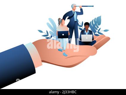 Giant hand holding a business workers, concept for emotional benefits, employee care, corporate support for employee Stock Vector