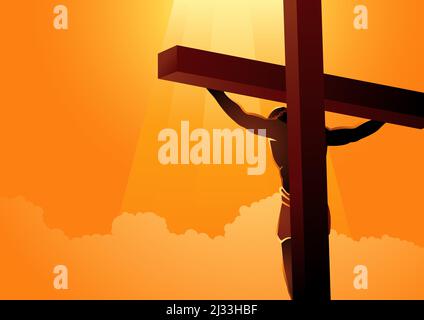Biblical vector illustration series, back view of Jesus on the cross wearing a crown of thorns Stock Vector