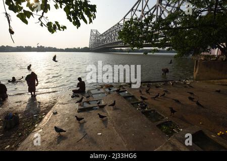 Mullick Ghat near the Howrah Bridge across the Ganges. Kolkata. India. Stock Photo