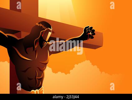 Biblical vector illustration series, close up of Jesus on the cross wearing a crown of thorns Stock Vector