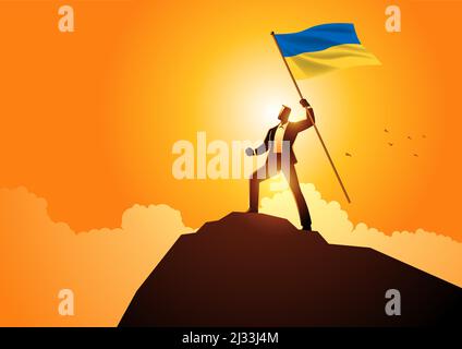 Vector illustration of a man optimistically standing on a mountain holding the flag of Ukraine Stock Vector